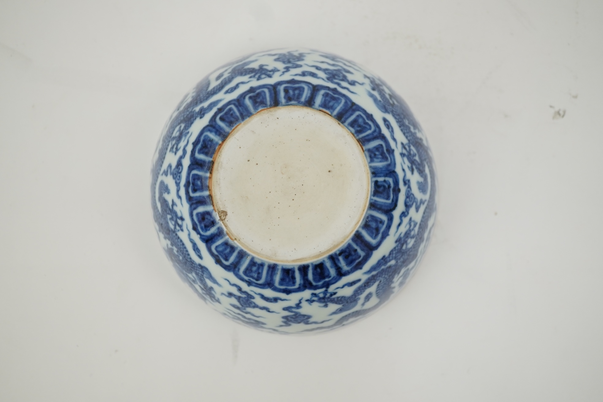 A Chinese blue and white ‘dragon’ dice bowl, Xuande mark, probably late Qing dynasty